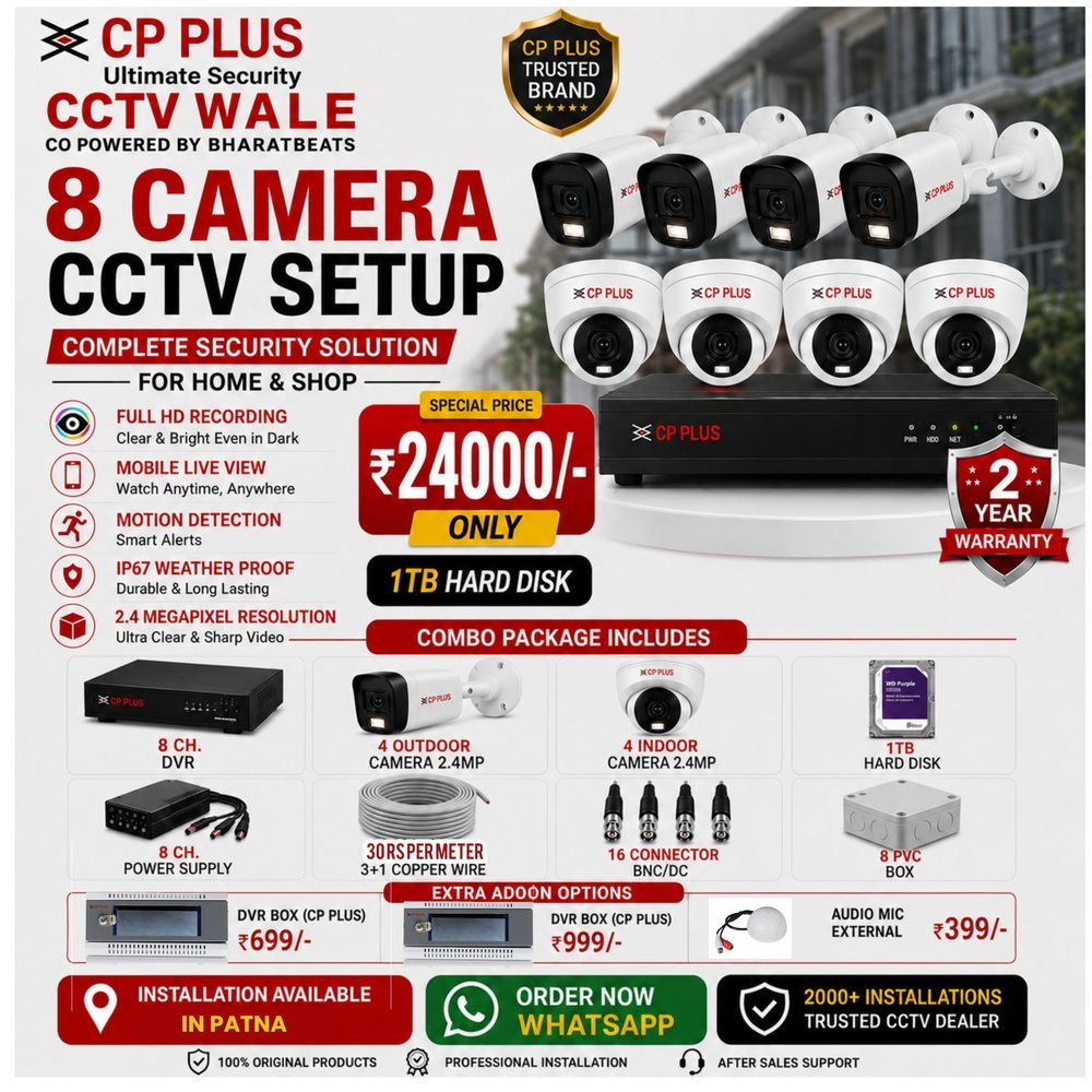 8 Camera CCTV Setup — 2.4MP, CP Plus, ₹24,000